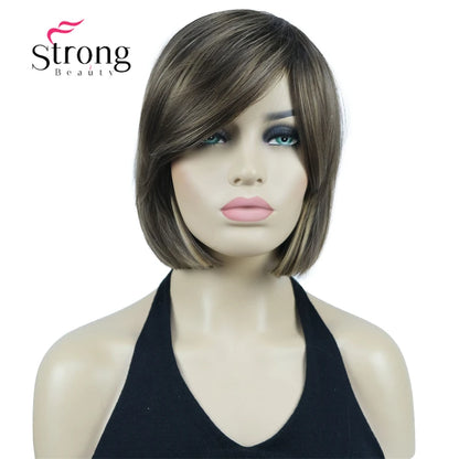 Crown & Glory Wigs Strong Beauty Women's Brown Short Straight Bob Wig with Side Bangs Synthetic Full Hair Wigs Heat Resistant