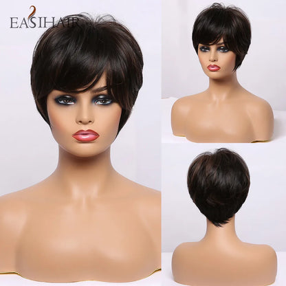 Crown & Glory Wigs EASIHAIR Short Honey Brown Synthetic Wigs for Women Layered Natural Hair Wigs Free Part Short Hair Daily Wig Heat Resistant