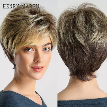 Crown & Glory Wigs HENRY MARGU Dark Root Ombre Brown Blonde Short Hair Wigs Fluffy Pixie Cut Synthetic Wig for Black White Women Heat Resistant