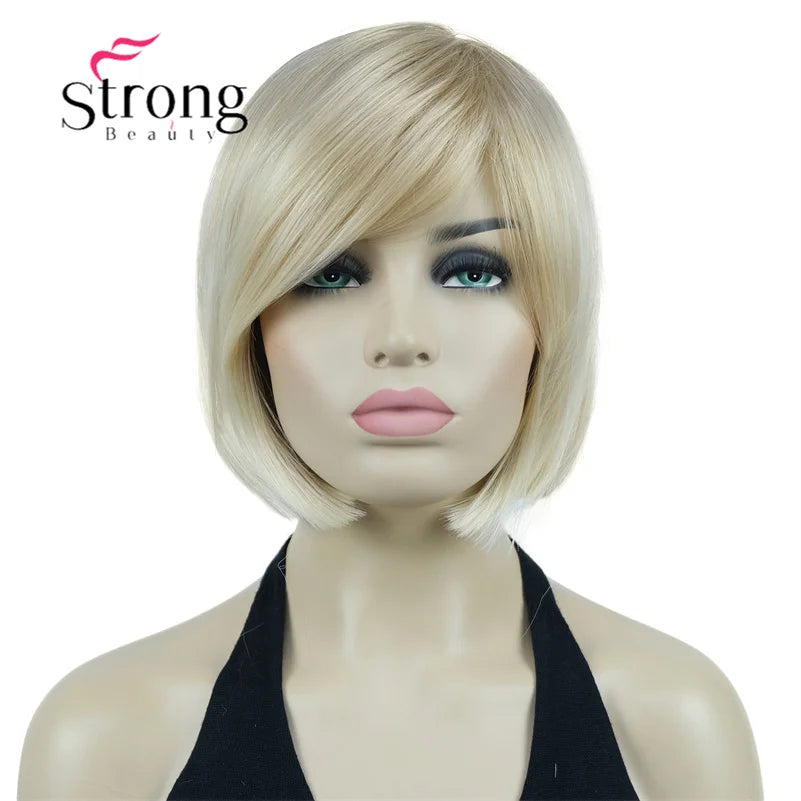 Crown & Glory Wigs Strong Beauty Women's Brown Short Straight Bob Wig with Side Bangs Synthetic Full Hair Wigs Heat Resistant