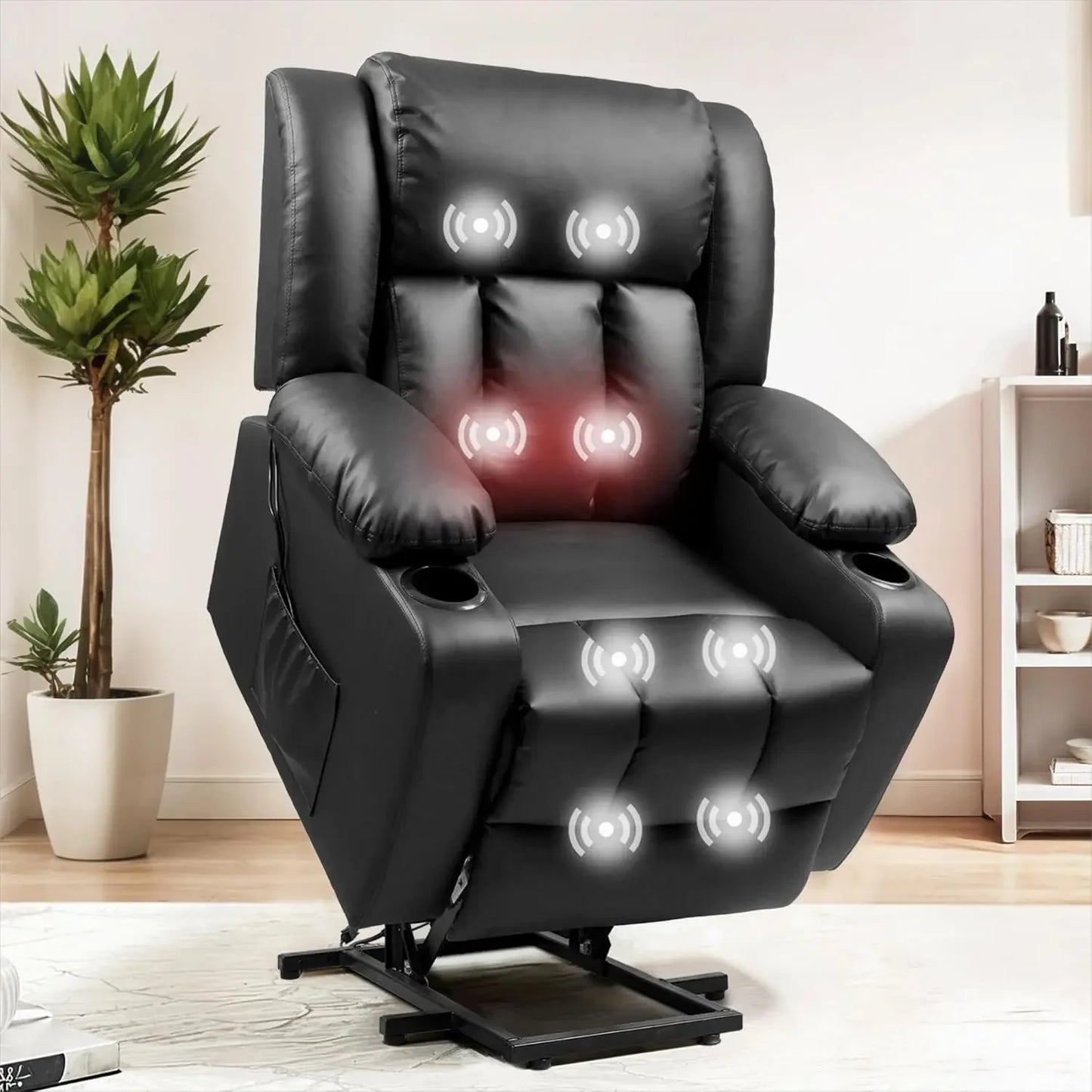 Living Room Power Lift Recliner Chair, Electric Leather Lift Recliner Chair W/Massage & Heat Cup Holders Lift Reclining Chair Sofa, Recliner