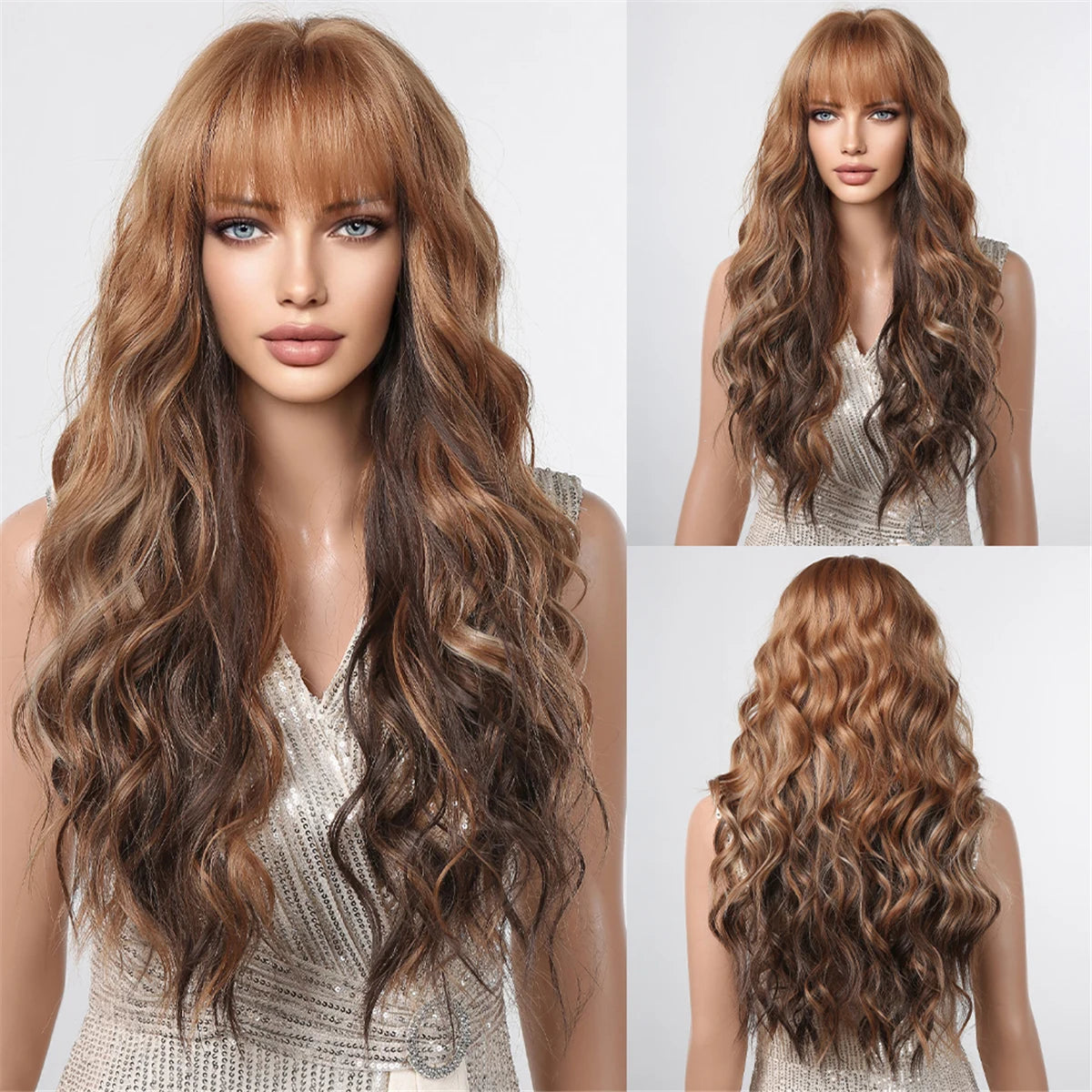 Crown & Glory Wigs   ALAN EATON Brown Blonde Layered Synthetic Wigs Long Natural Body Wavy Wig with Bangs Party Cosplay Hair for Women Heat Resistant