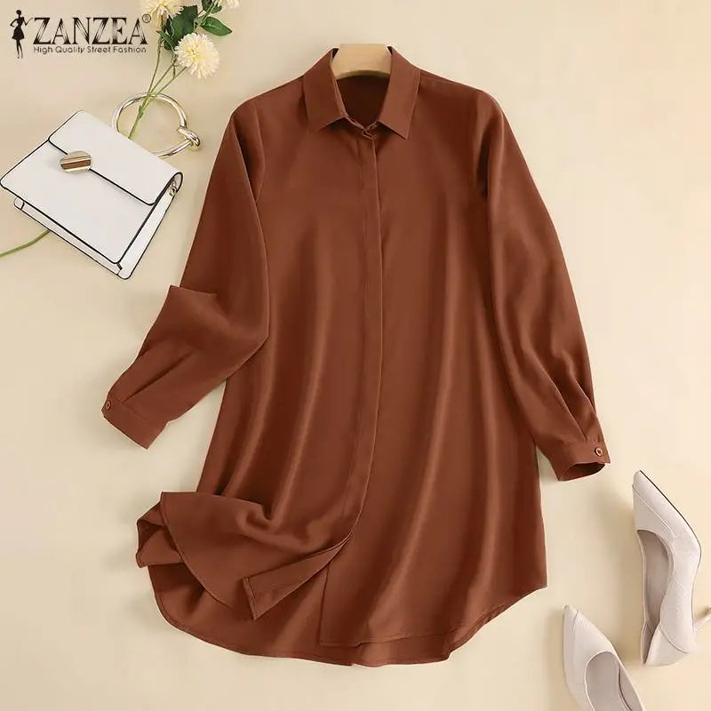 Muslim family Women  Muslim Blouse ZANZEA Spring Elegant Long Sleeve Solid Shirt  Turkey Tops Abaya Marocain Blusas IsIamic Clothing