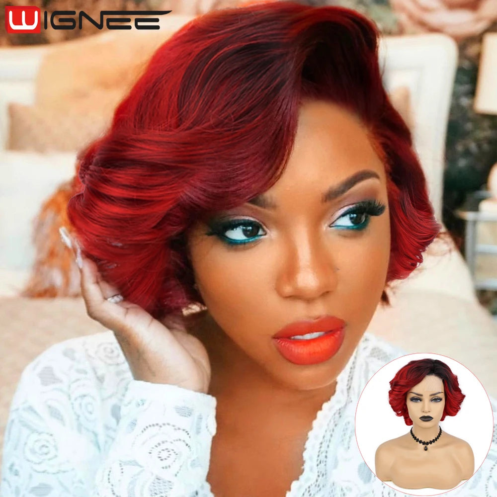 Crown & Glory Wigs   WIGNEE Pixie Short Wigs Synthetic Hair Body Wave Wig Side Part Lace Wig Natural Hair Wigs For Women Black Wig Heat Resistant