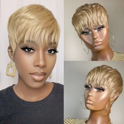 Crown & Glory Wigs  WIGERA Highlight Synthetic Short Straight Pixie Cut Hair Bob Wig Ombre Honey Blonde Mix Black Bronw Layered Hair Wigs For Woman