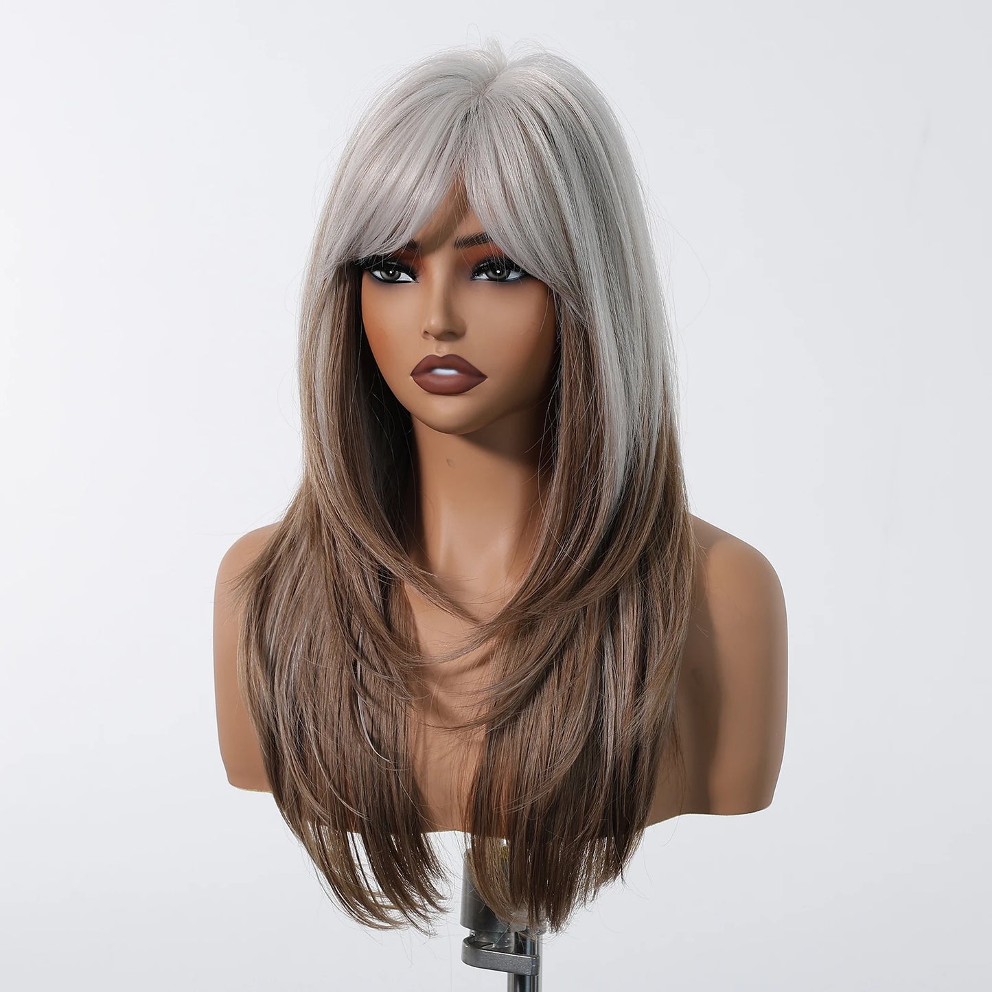 Crown & Glory Wigs  Grey White To Brown Ombre Synthetic Wigs Long Straight Layered Hair Wig For Women High Temperature Wig For Cosplay Daily Party