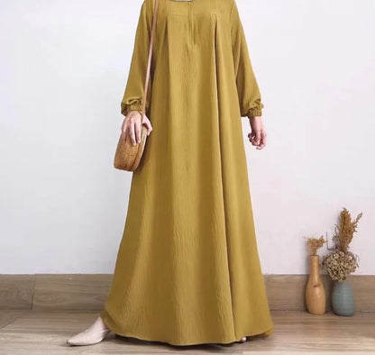 Muslim Family    Middle East Pleated Dress for Women, Muslim Fashion, Dubai, Arab Style, Elegant, Solid Round Neck, Long Sleeve, Abaya