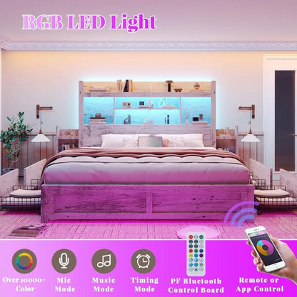 Living Room Queen Bed Frame with 49.6" Bookcase Headboard & 2 Bedside Stoage Racks & Drawers,Wood Bed Frame with RGB LED & Charging Station