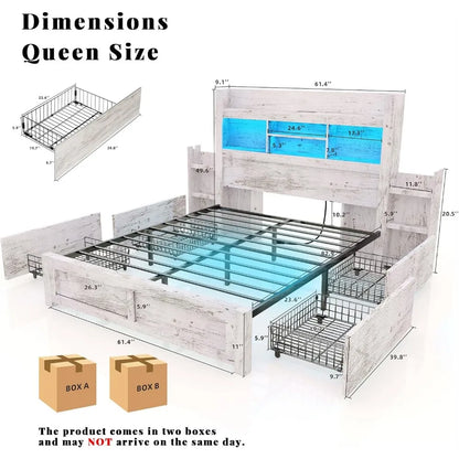 Living Room Queen Bed Frame with 49.6" Bookcase Headboard & 2 Bedside Stoage Racks & Drawers,Wood Bed Frame with RGB LED & Charging Station