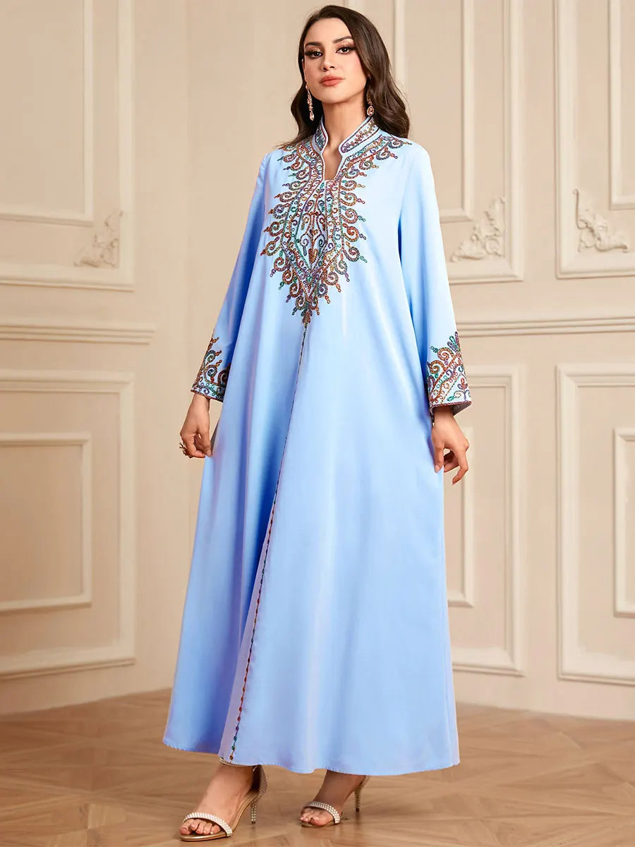 Muslim family   Siskakia Embroidery V-Neck Long Dress Dubai Arab Abaya For Muslim Woman Loose Moroccan Saudi Ethnic Jalabiya Fashion Robe 2024