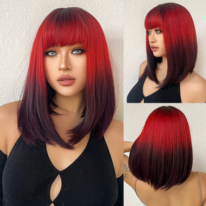 Crown & Glory Wigs  Black to Red Omber Straight Synthetic Wigs with Bangs Medium Synthetic Wigs for Women Use Cosplay Heat Resistant Natural Hair