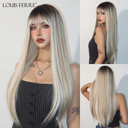 Crown & Glory Wigs  Grey White To Brown Ombre Synthetic Wigs Long Straight Layered Hair Wig For Women High Temperature Wig For Cosplay Daily Party