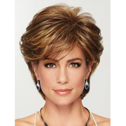 Crown & Glory Wigs Short Brown Pixie Cut Wigs with Bangs Straight Synthetic Hair Wig Ombre Blonde Wig Headband Cosplay Wig