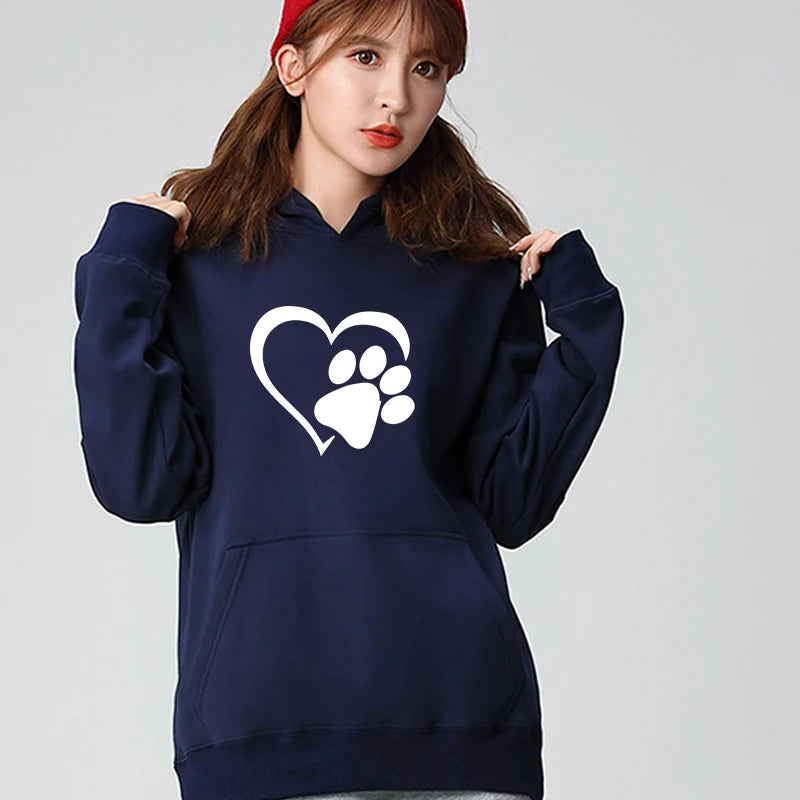 Woman clothing   New Cute Dog Paw and Heart Shape Print Hoodies Women Casual Long Sleeve Hoodies Autumn Winter Pullovers Plus Size