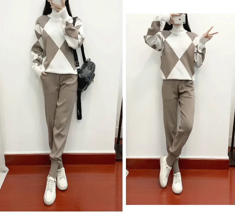 Muslim family   Winter Women Knitted 2 Pieces Set Muslim Casual Thicken Pullover Sweater Top +Knitted Pant 2PCS Suits Warm Set outfit Abaya 2024