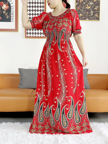 Muslim family   Women Party Dress Muslim Summer Short Sleeve Long Dress Collect Waist Floral Boubou Maxi Islam Women Dress African Abaya Clothes