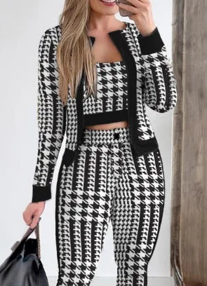 Woman clothing   3 Piece Set Plaid Print Crop Top & Pants Set With Coat Fashion Casual Elegant Female Set