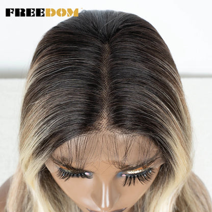 Crown & Glory Wigs  FREEDOM Synthetic Lace Front Wigs For Women Straight Lace Wig With Baby Hair 24 inches Ombre Brown Highlight Wigs Cosplay Wig