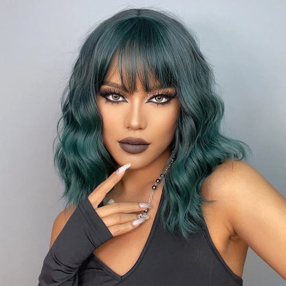 Crown & Glory Wigs  Short Bob Curly Wavy Green Synthetic Wigs with Bangs for Women Afro Cosplay Colorful Natural Hair Wig Halloween Heat Resistant