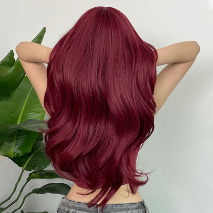 Crown & Glory Wigs HENRY MARGU Burgundy Long Wavy Wigs Wine Red Wig with Bangs for Women Daily Synthetic Hair Cosplay Wig Heat Resistant Fiber