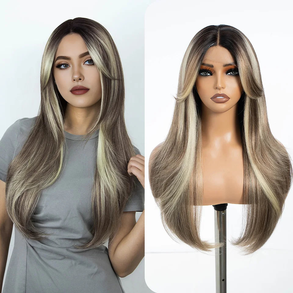 Crown & Glory Wigs  Synthetic Wigs 26 Inch Long Straight Lace Wigs With Bnags Lace Front Wig For Women Ombre Blonde Brown Cosplay Daily Party Wigs