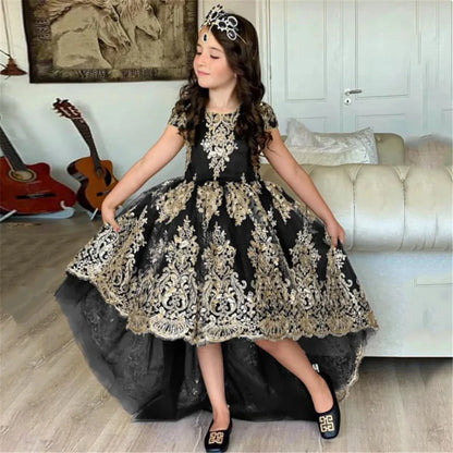 Girl clothing   Black Flower Girl Dress For Wedding Gold Lace Appliques High-Low Length Girl Kids Birthday Party First Holy Communion Gown