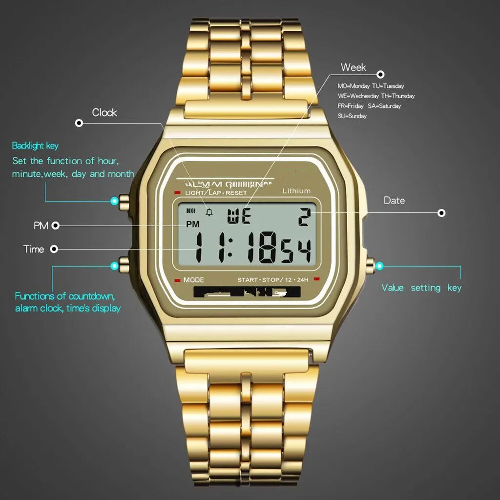 Jewellery  Steel strip LED electronic watch ultra-thin gold and silver cold light watch F91W steel strip