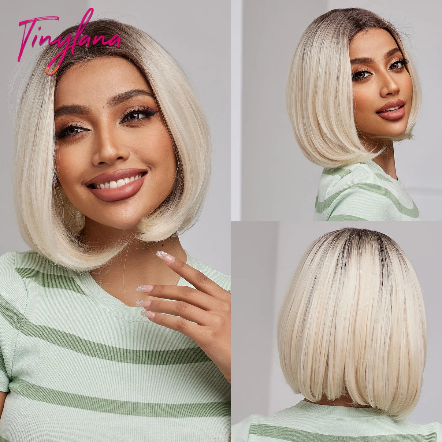 Crown & Glory Wigs   Brown Blonde Lace Front Wigs Short Straight Bob Synthetic Lace Frontal Wig with Baby Hair for Women Blunt Cut Natural Daily Hair