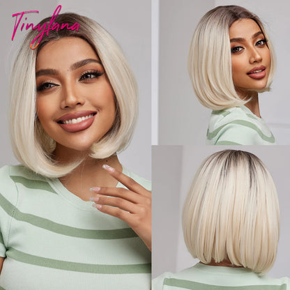 Crown & Glory Wigs   Brown Blonde Lace Front Wigs Short Straight Bob Synthetic Lace Frontal Wig with Baby Hair for Women Blunt Cut Natural Daily Hair