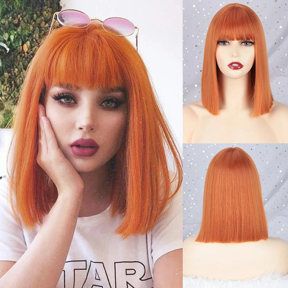 Crown & Glory Wigs  I's a wig Short Straight Wigs with Bangs Black and Orange Synthetic Heat Resistant Wigs for Women Daily Party Use