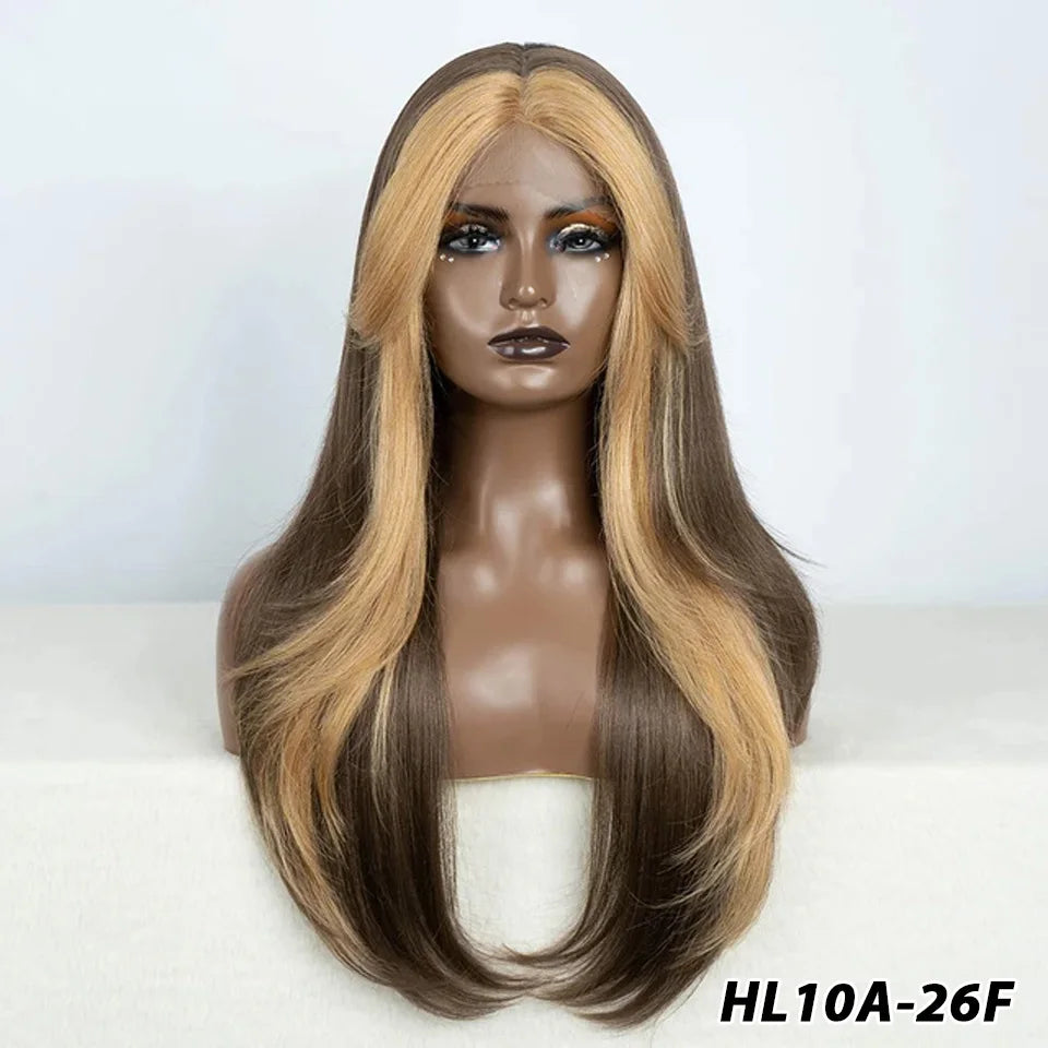 Crown & Glory Wigs  Synthetic Wigs 26 Inch Long Straight Lace Wigs With Bnags Lace Front Wig For Women Ombre Blonde Brown Cosplay Daily Party Wigs