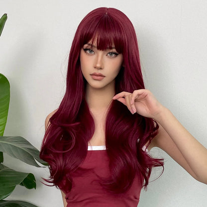 Crown & Glory Wigs HENRY MARGU Burgundy Long Wavy Wigs Wine Red Wig with Bangs for Women Daily Synthetic Hair Cosplay Wig Heat Resistant Fiber