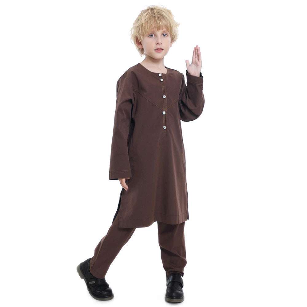 Muslim family   Muslim Boys Kids Jubba Thobe Saudi Arabic Robe 2 Piece Set Tops Pants Dubai Turkey Abaya Dress Kaftan Ramadan Djellaba Dishdasha