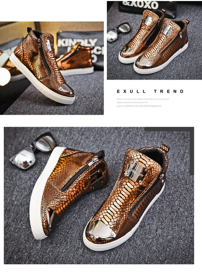 Men shoes  Hot Zipper High Top Sneakers Men Fashion Crocodile Leather Shoes For Men Luxury Golden Casual Sneakers Male Hip Hop Rock Shoes