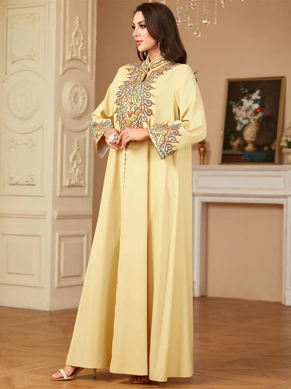 Muslim family   Siskakia Embroidery V-Neck Long Dress Dubai Arab Abaya For Muslim Woman Loose Moroccan Saudi Ethnic Jalabiya Fashion Robe 2024