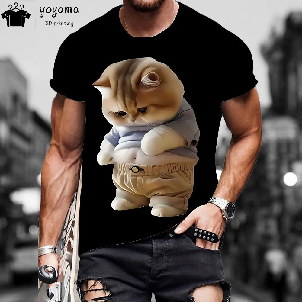 Men clothing  Funny Fat Cat Graphic T shirts Short Sleeve