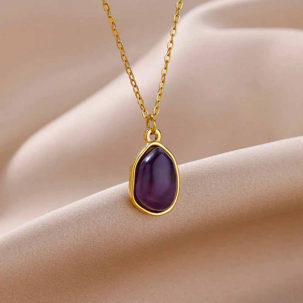 Jewellery   Oval Opal Pendant Necklace For Women Stainless Steel Gold Color Chain Collar Cute Lucky Jewelry Birthday Gift New Free Shipping