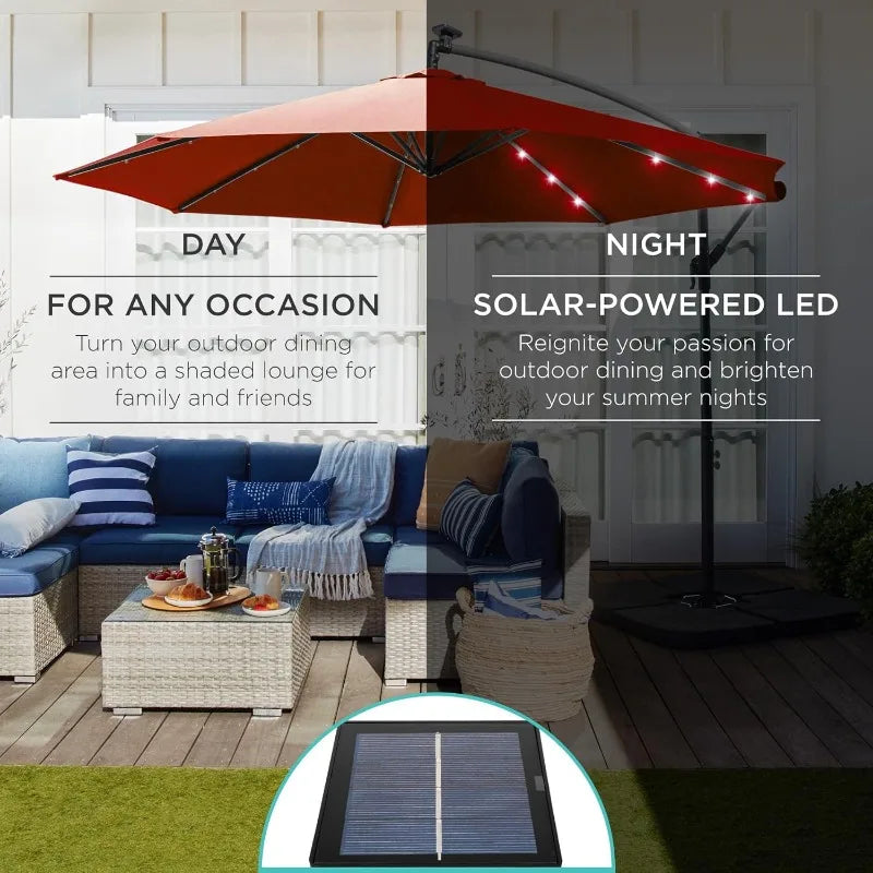 Outdoor 10ft Solar LED Offset Hanging Market Patio Umbrella for Backyard, Poolside, Lawn and Garden w/Easy Tilt Adjustment