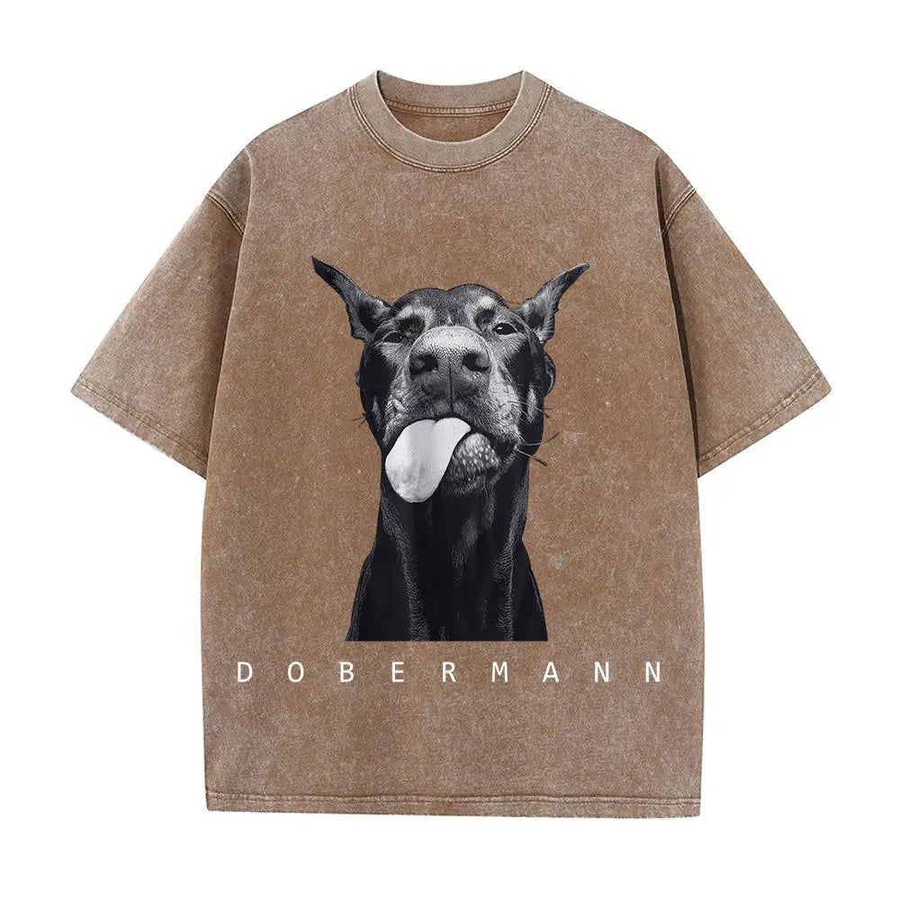 Woman clothing   Cotton Washed T-Shirts Fashion Creativity Doberman Printing Short Sleeve