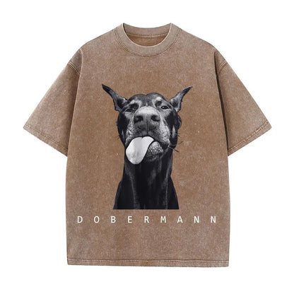 Woman clothing   Cotton Washed T-Shirts Fashion Creativity Doberman Printing Short Sleeve