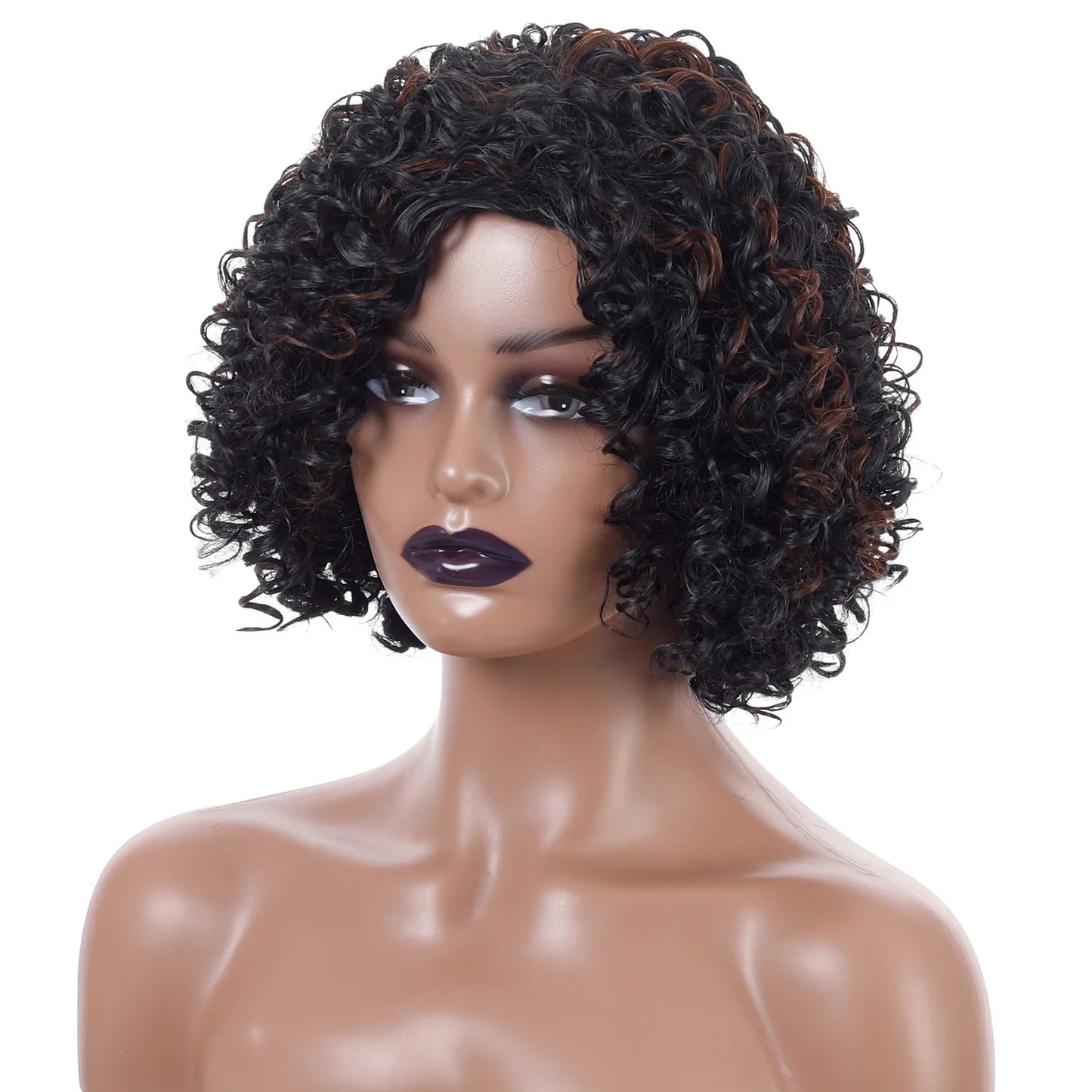 Crown & Glory Wigs Short Curly Hair Wig - 12 Inch Brown Black Mix, Heat Resistant Synthetic Fiber, Women's Hair Replacement