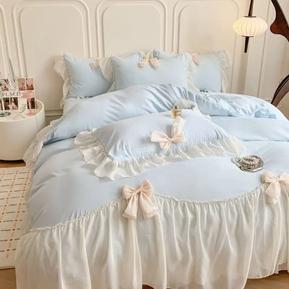 Bedroom   French Princess Style Bedding Sets Ruffle Lace Bow Quilt Cover Romantic Bedclothes Decor Woman Girls Bedroom Duvet Cover 4pcs