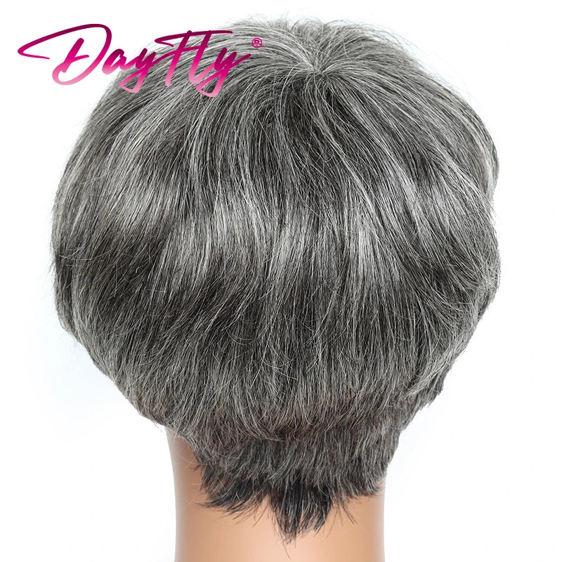 Crown & Glory Wigs Short Grey Wigs Highlight Pixie Cut Wig With Bangs Brazilian Hair Natural Wave Wigs Ombre P1B 30 44 34 Human Hair Wigs For Women