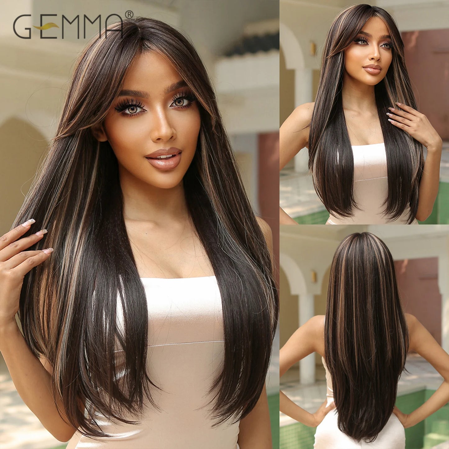 Crown & Glory Wigs  Mixed Brown Blonde Synthetic Long Straight Layered Wig Natural Hair Cosplay Party Wigs with Bangs for Women Afro Heat Resistant