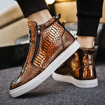 Men shoes  Hot Zipper High Top Sneakers Men Fashion Crocodile Leather Shoes For Men Luxury Golden Casual Sneakers Male Hip Hop Rock Shoes