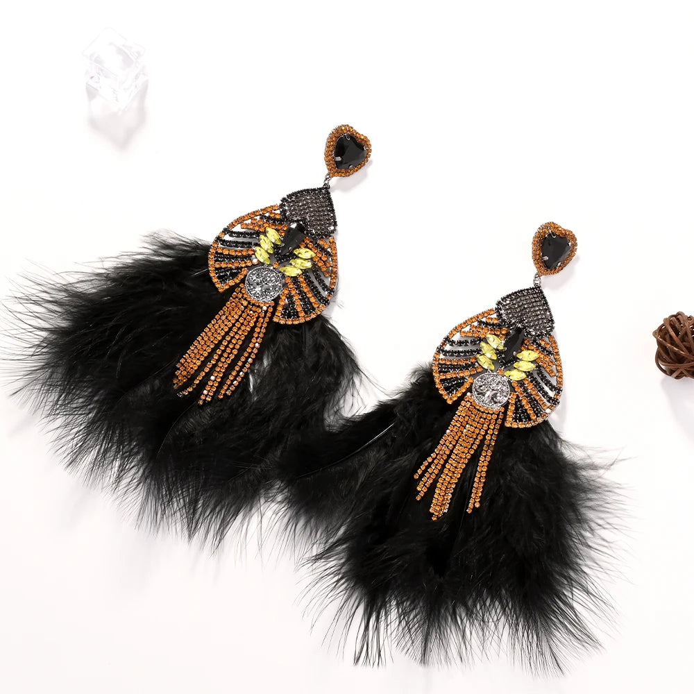 Jewellery   Exaggerated Black Feather Earrings for Drag Queen Statement Accessories Fashion Design Large Rhinestone Dangle Earrings Party