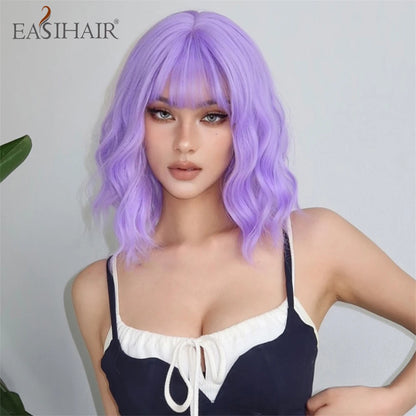 Crown & Glory Wigs   Short Synthetic Wigs Purple Blue Curly Wave Wigs with Bangs for Women Cosplay Party Halloween Colorful Bob Wigs Heat Resistant