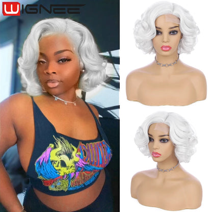 Crown & Glory Wigs   WIGNEE Pixie Short Wigs Synthetic Hair Body Wave Wig Side Part Lace Wig Natural Hair Wigs For Women Black Wig Heat Resistant