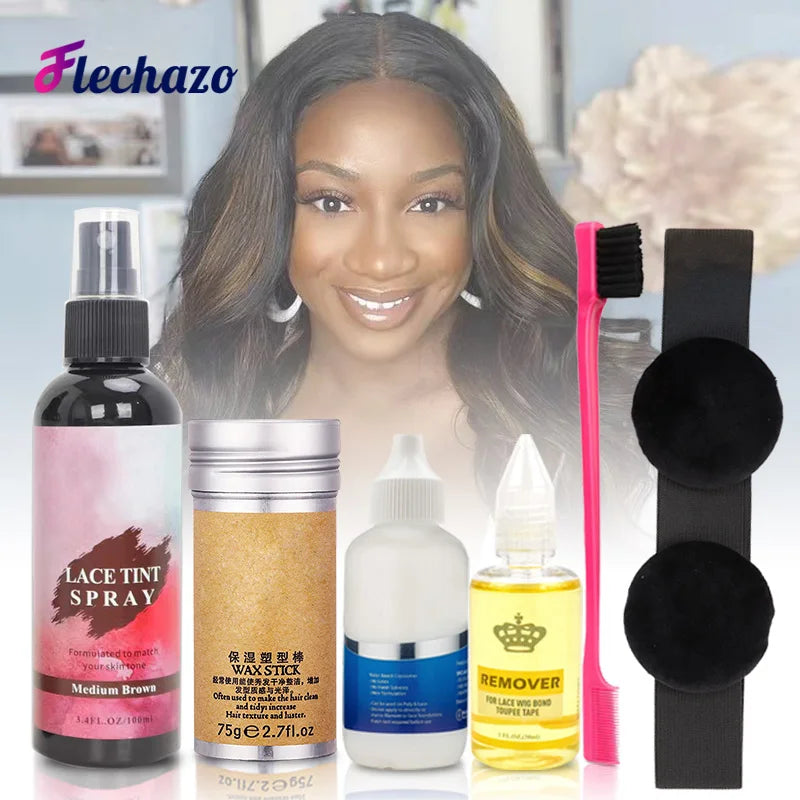 Style & Shine Hair  Lace Front Wig Glue For Wigs With Everything (Lace Tint Spray, Wig Glue, Remover, Hair Wax Stick, Melt Band With Puffs, Brush)