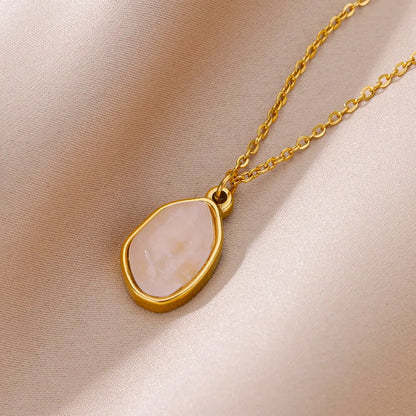 Jewellery   Oval Opal Pendant Necklace For Women Stainless Steel Gold Color Chain Collar Cute Lucky Jewelry Birthday Gift New Free Shipping